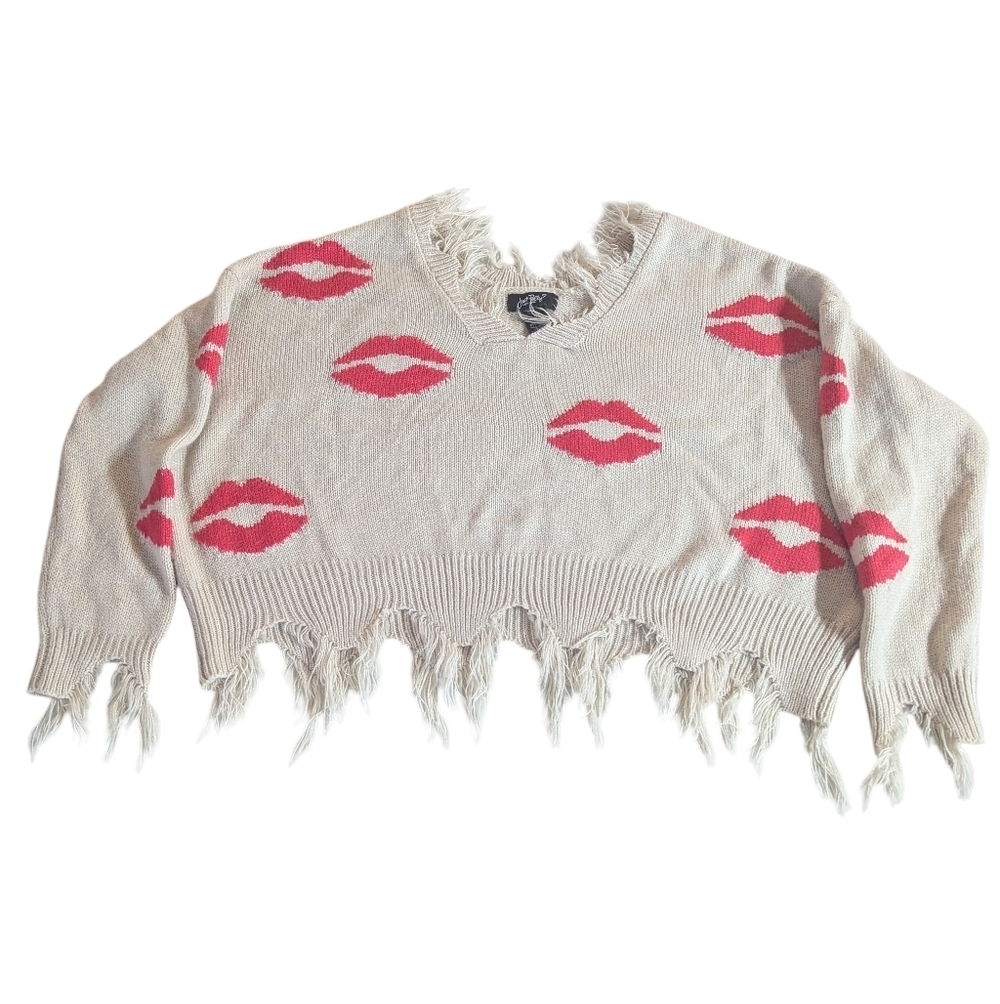 💋 Just Polly New York Lip Print Distressed Crop Sweater – Small - Picture 2 of 7